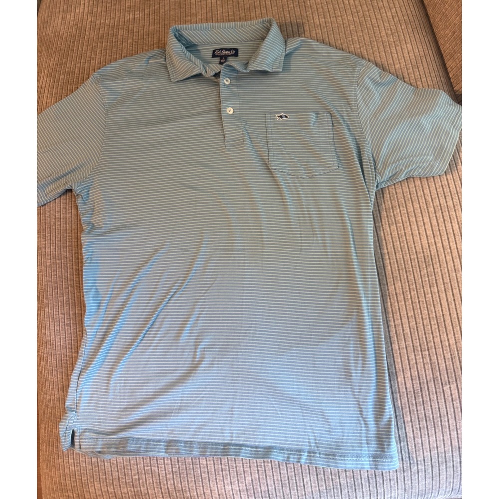 Fish Hippie Co Mens Blue White Striped Pima Cotton Spandex Polo Shirt Large